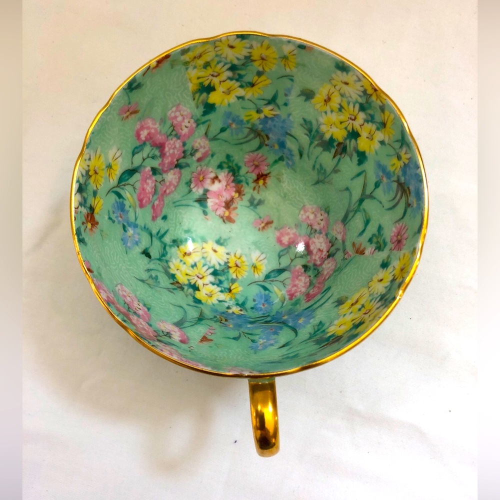 Shelley Chintz Melody Fine Bone China Green Tea Cup Saucer Gold Edge England - Picture 8 of 12
